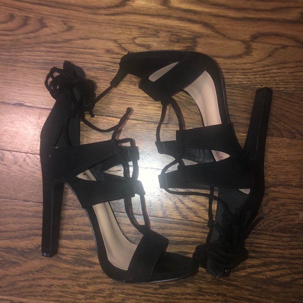 Black Suede Lace-up Heel Sandals